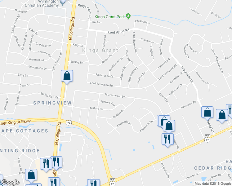 map of restaurants, bars, coffee shops, grocery stores, and more near 325 North Crestwood Drive in Wilmington