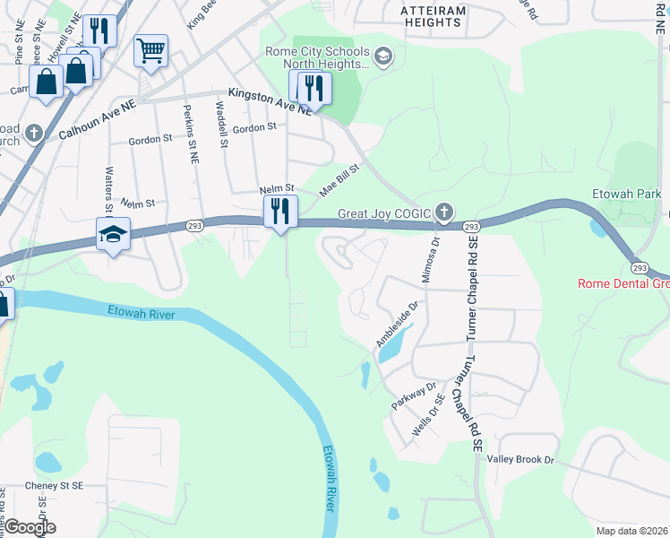 map of restaurants, bars, coffee shops, grocery stores, and more near 2301 Village Boulevard in Rome