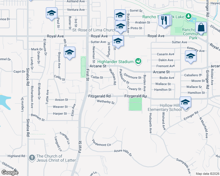 map of restaurants, bars, coffee shops, grocery stores, and more near 1031 Waltham Road in Simi Valley