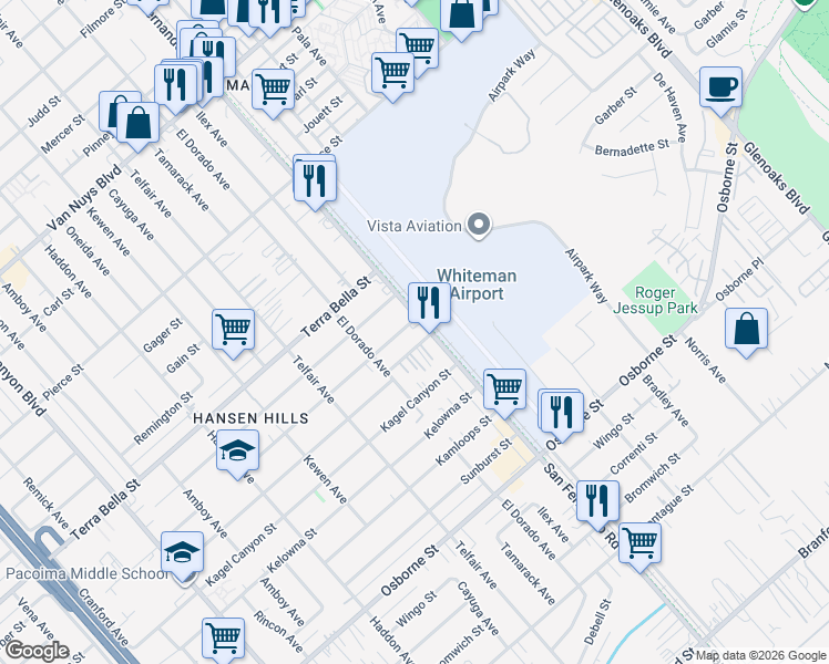 map of restaurants, bars, coffee shops, grocery stores, and more near 10365 San Fernando Road in Los Angeles