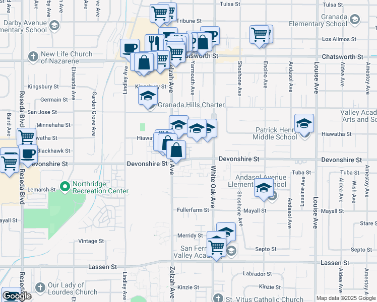map of restaurants, bars, coffee shops, grocery stores, and more near 17807 Devonshire Street in Los Angeles