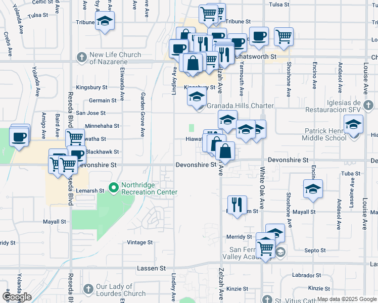 map of restaurants, bars, coffee shops, grocery stores, and more near 18012 Hiawatha Street in Los Angeles