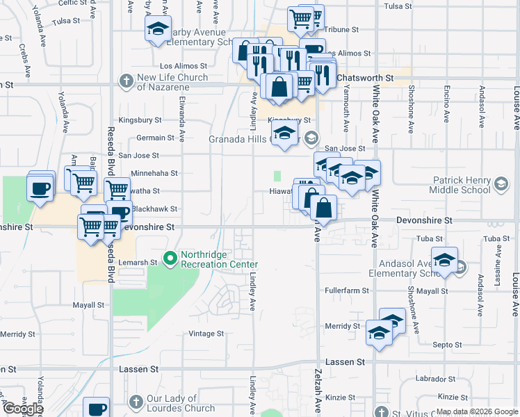 map of restaurants, bars, coffee shops, grocery stores, and more near 10338 Lindley Ave in PORTER RANCH