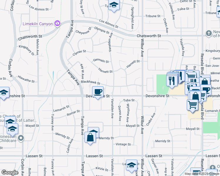 map of restaurants, bars, coffee shops, grocery stores, and more near 10341 Vanalden Avenue in Los Angeles