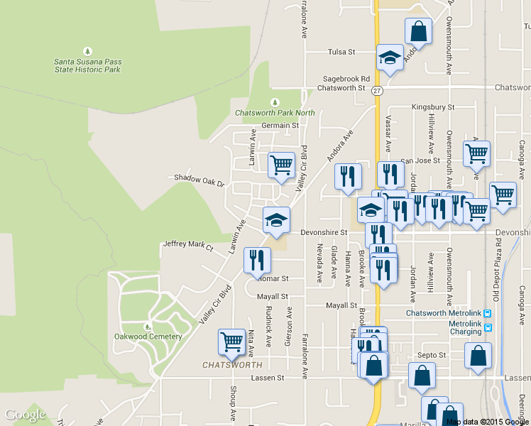 map of restaurants, bars, coffee shops, grocery stores, and more near 22352 James Alan Circle in Los Angeles