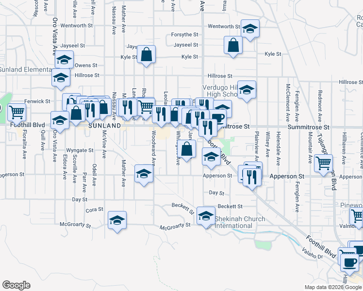 map of restaurants, bars, coffee shops, grocery stores, and more near 10414 Whitegate Avenue in Los Angeles