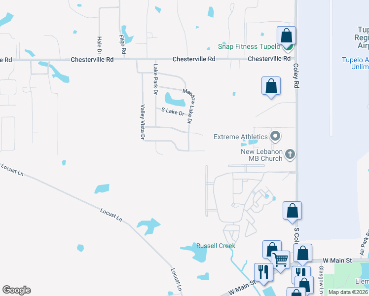 map of restaurants, bars, coffee shops, grocery stores, and more near 4288 Meadow Lake Drive in Tupelo