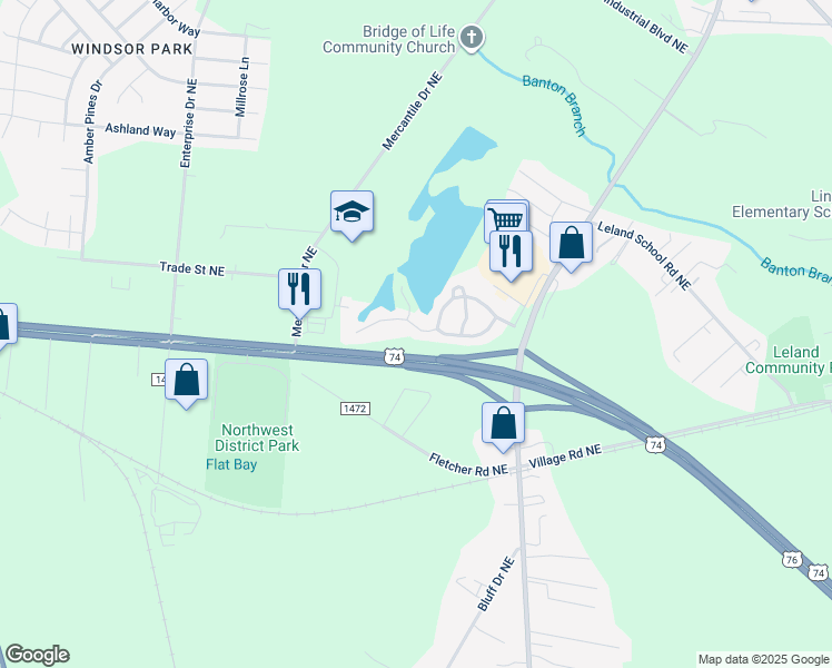 map of restaurants, bars, coffee shops, grocery stores, and more near 1107 Jordan Lake Court in Leland