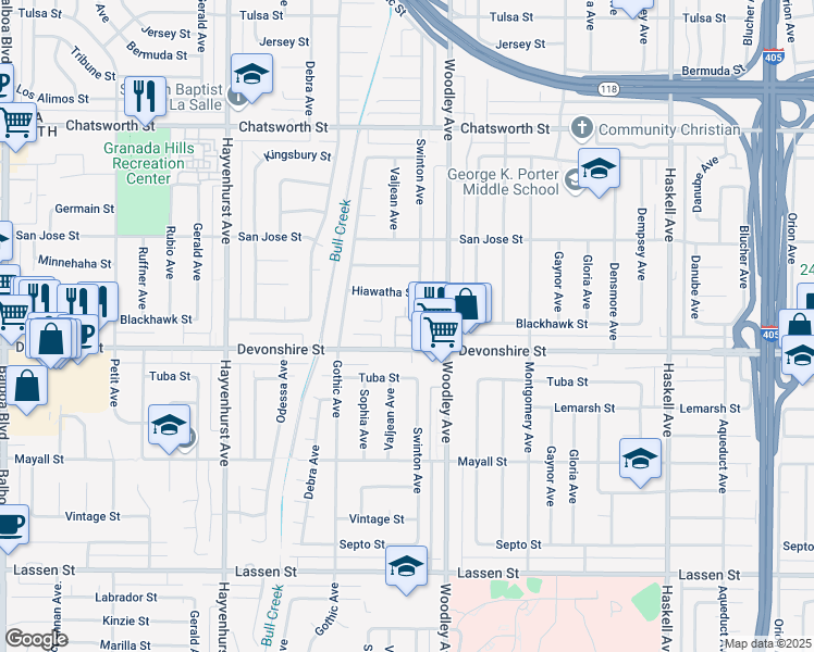 map of restaurants, bars, coffee shops, grocery stores, and more near 16255 Devonshire Street in Los Angeles