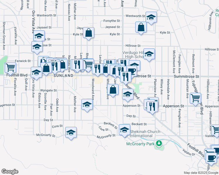 map of restaurants, bars, coffee shops, grocery stores, and more near 10414 Whitegate Avenue in Los Angeles
