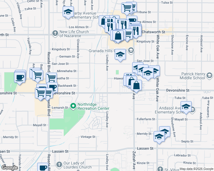 map of restaurants, bars, coffee shops, grocery stores, and more near 10342 Lindley Avenue in Los Angeles