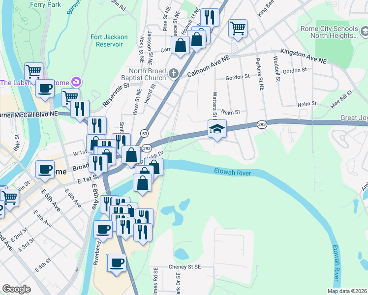 map of restaurants, bars, coffee shops, grocery stores, and more near 1162 Spider Webb Drive in Rome