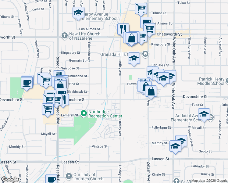 map of restaurants, bars, coffee shops, grocery stores, and more near 10331 Lindley Avenue in Los Angeles