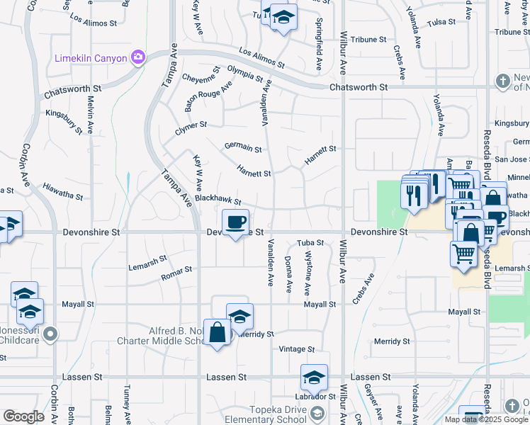 map of restaurants, bars, coffee shops, grocery stores, and more near 10341 Vanalden Avenue in Los Angeles