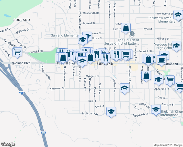 map of restaurants, bars, coffee shops, grocery stores, and more near 10418 Scoville Avenue in Los Angeles