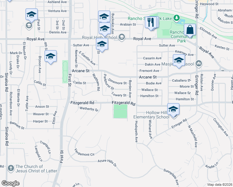map of restaurants, bars, coffee shops, grocery stores, and more near 1391 Lowery Street in Simi Valley