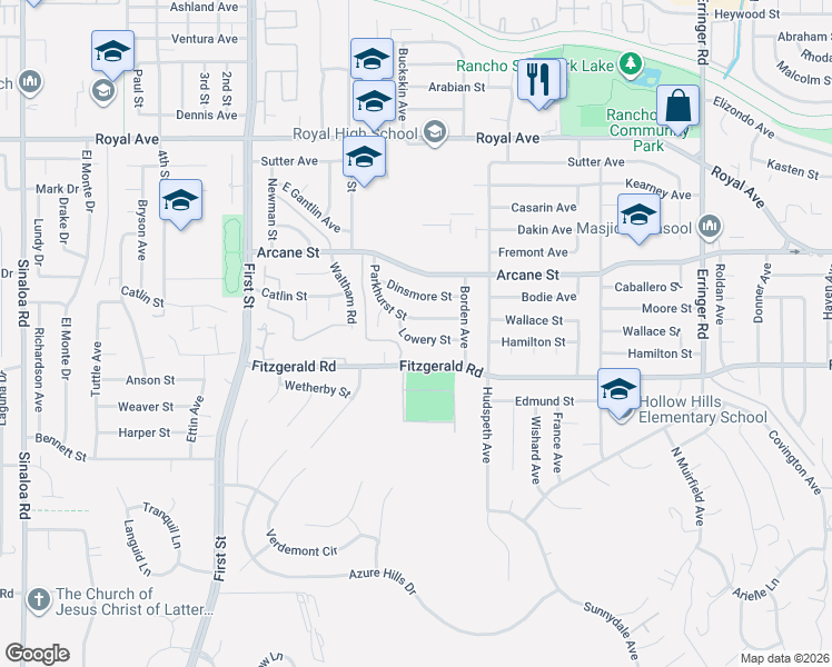 map of restaurants, bars, coffee shops, grocery stores, and more near 1391 Lowery Street in Simi Valley