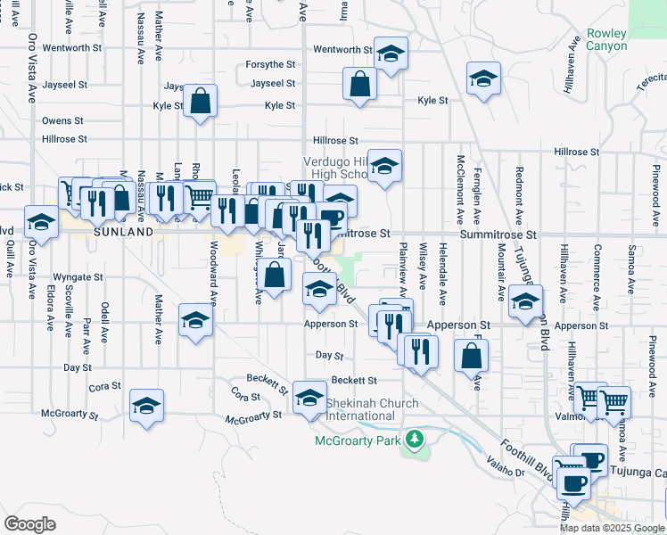 map of restaurants, bars, coffee shops, grocery stores, and more near 7771 Foothill Boulevard in Los Angeles