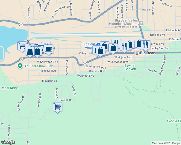 map of restaurants, bars, coffee shops, grocery stores, and more near 600 West Rainbow Boulevard in Big Bear