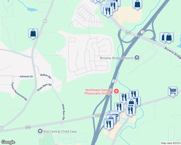 map of restaurants, bars, coffee shops, grocery stores, and more near 4630 Roseman Trail in Cumming