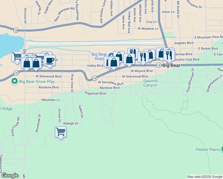 map of restaurants, bars, coffee shops, grocery stores, and more near 512 West Rainbow Boulevard in Big Bear