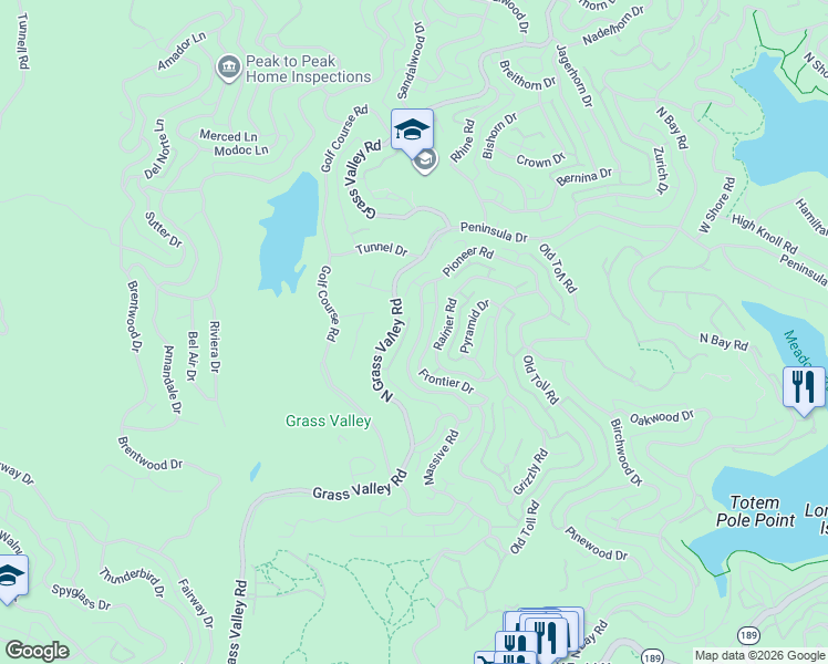 map of restaurants, bars, coffee shops, grocery stores, and more near 464 North Grass Valley Road in Lake Arrowhead