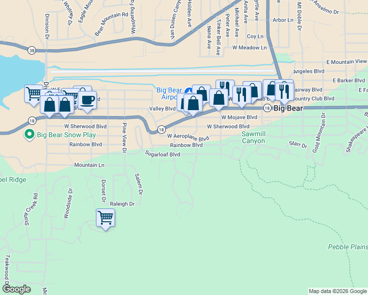 map of restaurants, bars, coffee shops, grocery stores, and more near 524 West Rainbow Boulevard in Big Bear