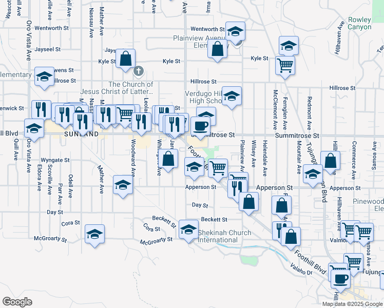 map of restaurants, bars, coffee shops, grocery stores, and more near 7780 Foothill Boulevard in Los Angeles