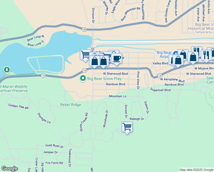 map of restaurants, bars, coffee shops, grocery stores, and more near 2 West Rainbow Boulevard in Big Bear