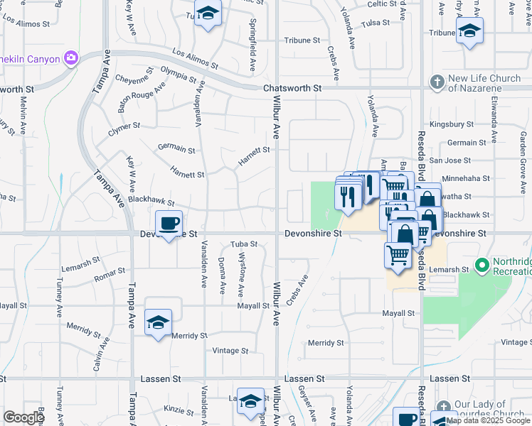map of restaurants, bars, coffee shops, grocery stores, and more near 18912 Blackhawk Street in Los Angeles
