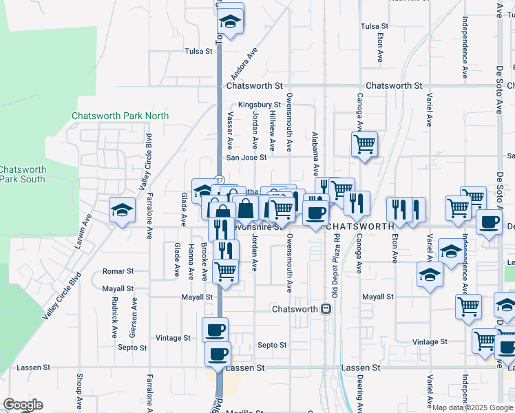 map of restaurants, bars, coffee shops, grocery stores, and more near 10332 Jordan Avenue in Los Angeles