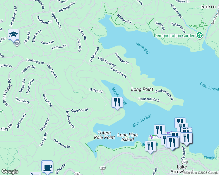 map of restaurants, bars, coffee shops, grocery stores, and more near North Bay Road in Lake Arrowhead