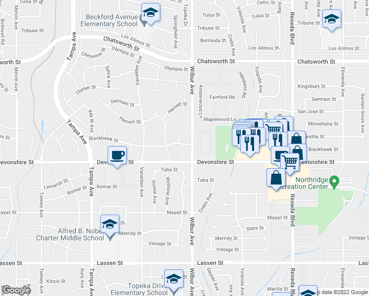 map of restaurants, bars, coffee shops, grocery stores, and more near 18912 Blackhawk Street in Los Angeles