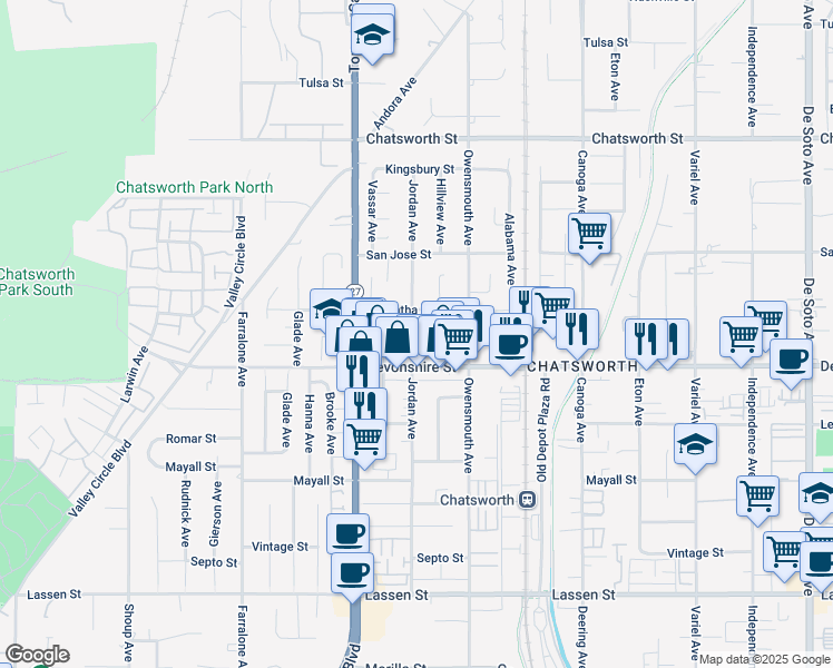 map of restaurants, bars, coffee shops, grocery stores, and more near 10332 Jordan Avenue in Los Angeles