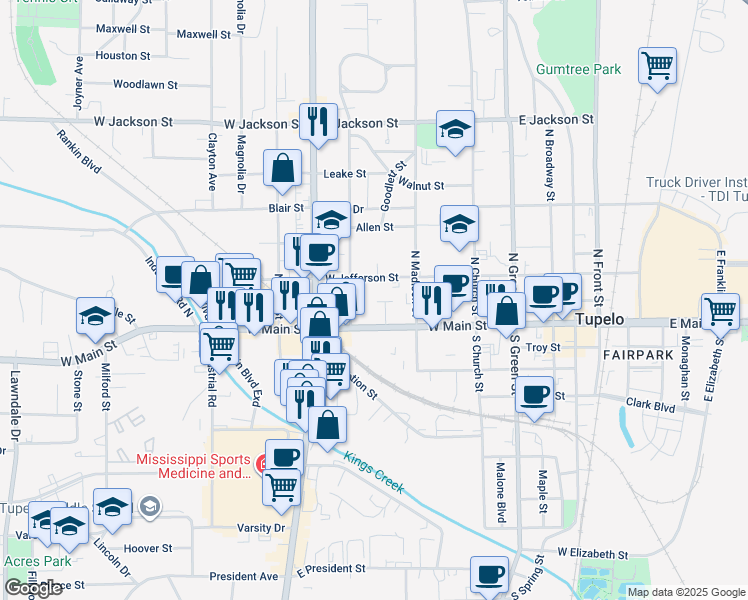 map of restaurants, bars, coffee shops, grocery stores, and more near 103 Clark Place in Tupelo