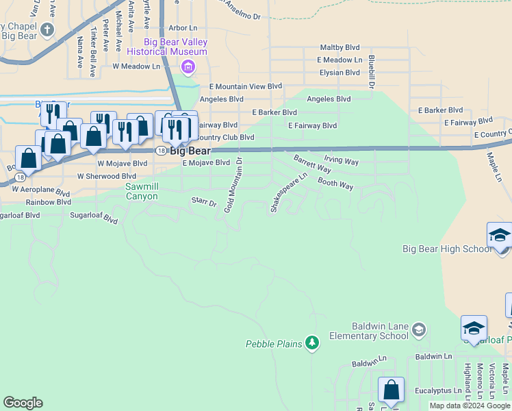 map of restaurants, bars, coffee shops, grocery stores, and more near 336 Lookout Drive in Big Bear