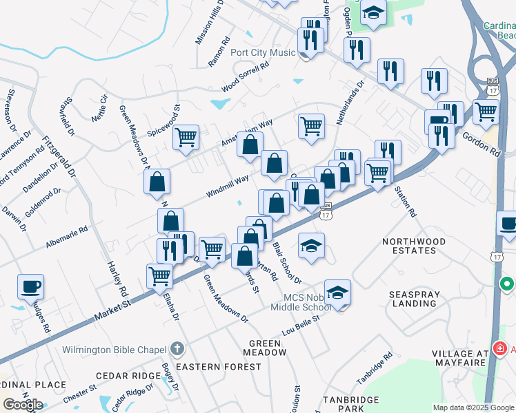 map of restaurants, bars, coffee shops, grocery stores, and more near 6606 Windmill Way in Wilmington