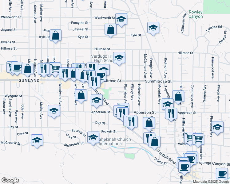 map of restaurants, bars, coffee shops, grocery stores, and more near 7632 Machrea Street in Los Angeles