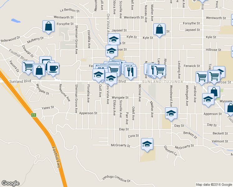 map of restaurants, bars, coffee shops, grocery stores, and more near 10423 Scoville Avenue in Los Angeles