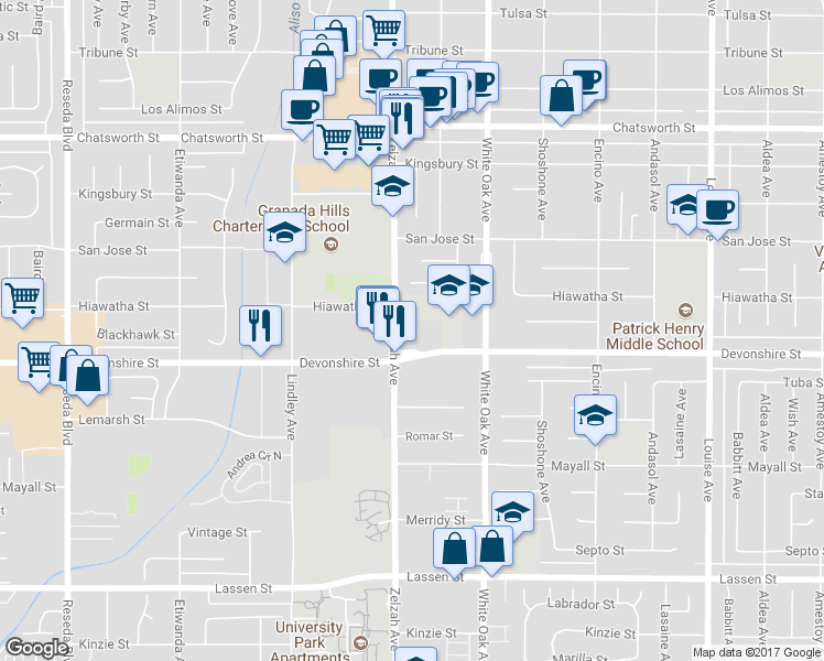 map of restaurants, bars, coffee shops, grocery stores, and more near 10346 Zelzah Avenue in Los Angeles