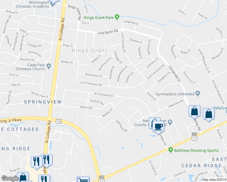map of restaurants, bars, coffee shops, grocery stores, and more near 5110 Lord Tennyson Road in Wilmington