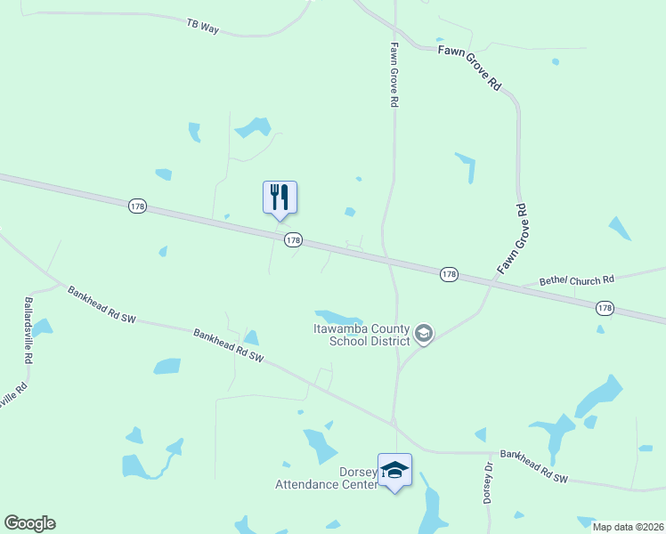 map of restaurants, bars, coffee shops, grocery stores, and more near 1882 Mississippi 178 in Mantachie