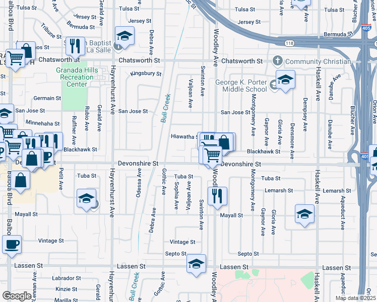 map of restaurants, bars, coffee shops, grocery stores, and more near 16235 Devonshire Street in Los Angeles