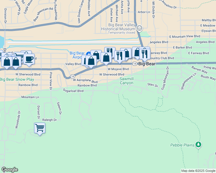 map of restaurants, bars, coffee shops, grocery stores, and more near 600 West Rainbow Boulevard in Big Bear