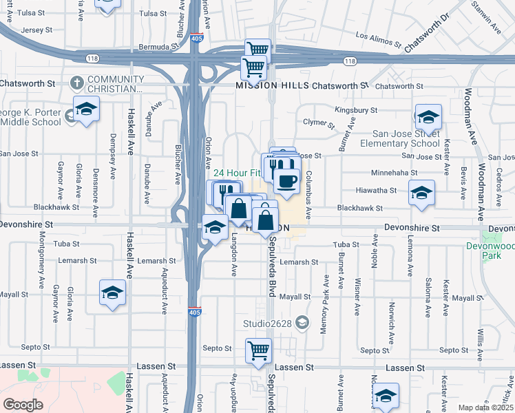 map of restaurants, bars, coffee shops, grocery stores, and more near 10321 Sepulveda Boulevard in Los Angeles