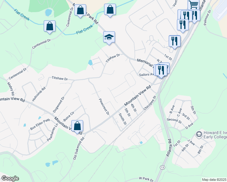 map of restaurants, bars, coffee shops, grocery stores, and more near 2372 Mountain View Road in Gainesville