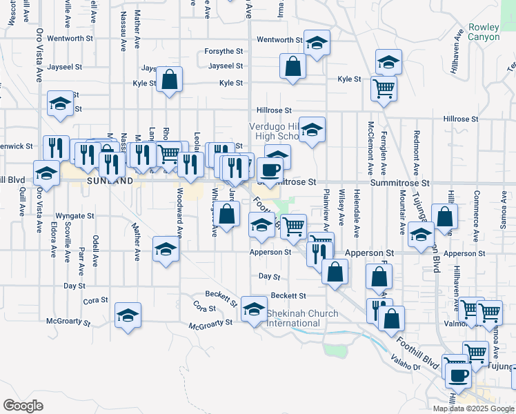 map of restaurants, bars, coffee shops, grocery stores, and more near 7780 Foothill Boulevard in Los Angeles