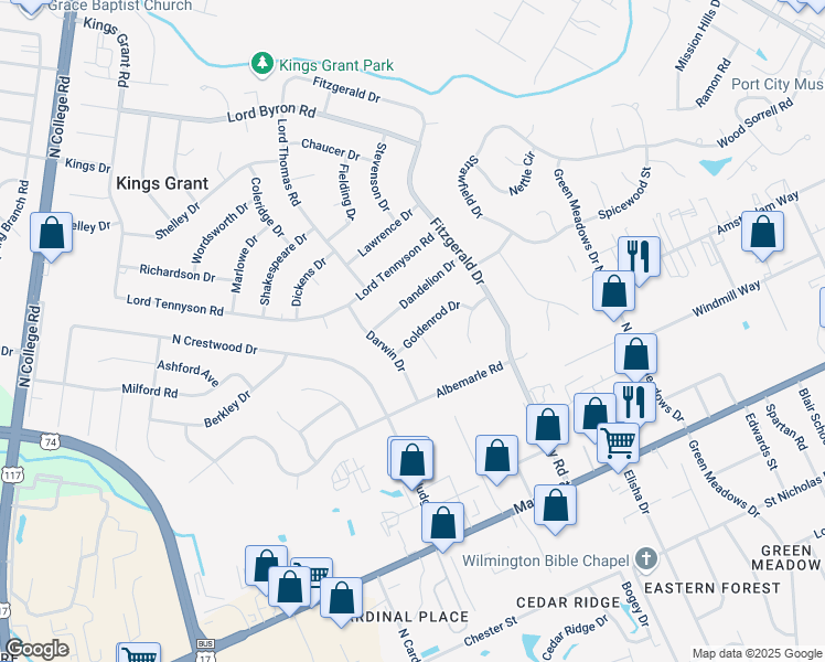 map of restaurants, bars, coffee shops, grocery stores, and more near 5307 Goldenrod Drive in Wilmington