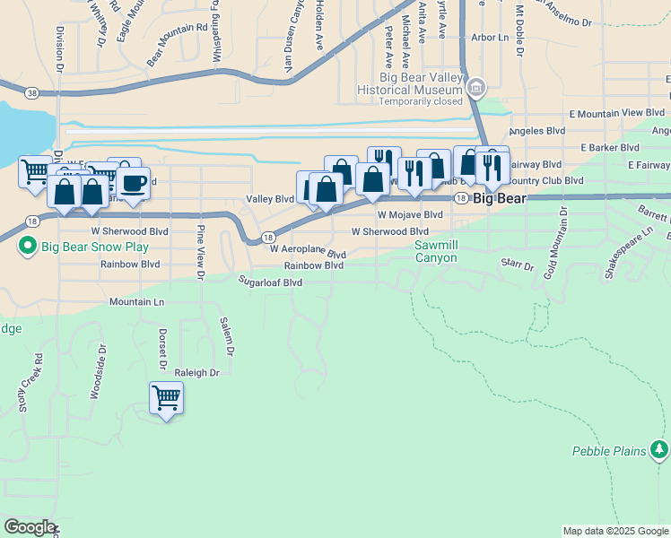 map of restaurants, bars, coffee shops, grocery stores, and more near 444 Rainbow Boulevard in Big Bear