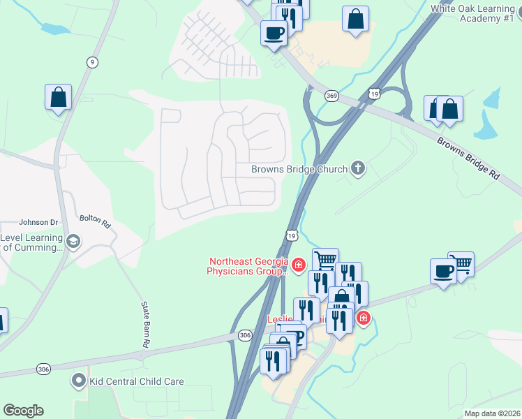map of restaurants, bars, coffee shops, grocery stores, and more near 4870 Roseman Trail in Cumming